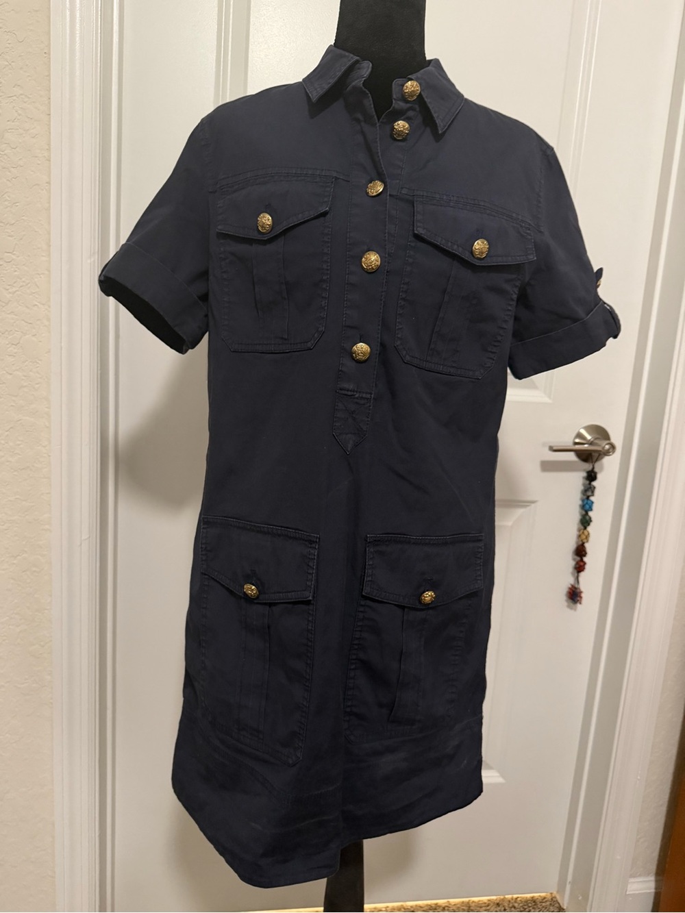 Veronica Beard Lucca Navy Cotton Safari Utility Shift Dress Gold Buttons Size 8